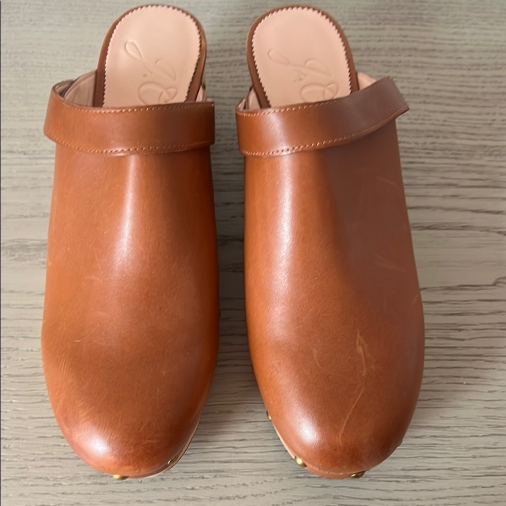 J. Crew Brown Leather Mules with Rounded Toe and Wooden Sole
